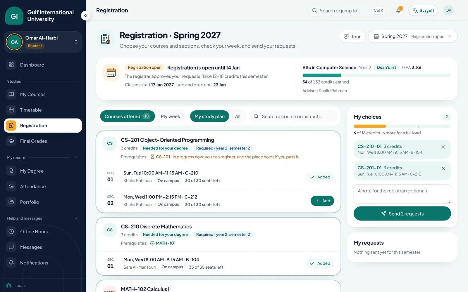 Student course registration for the spring semester: sections with seats left, prerequisite status, and two chosen courses ready to send to the registrar